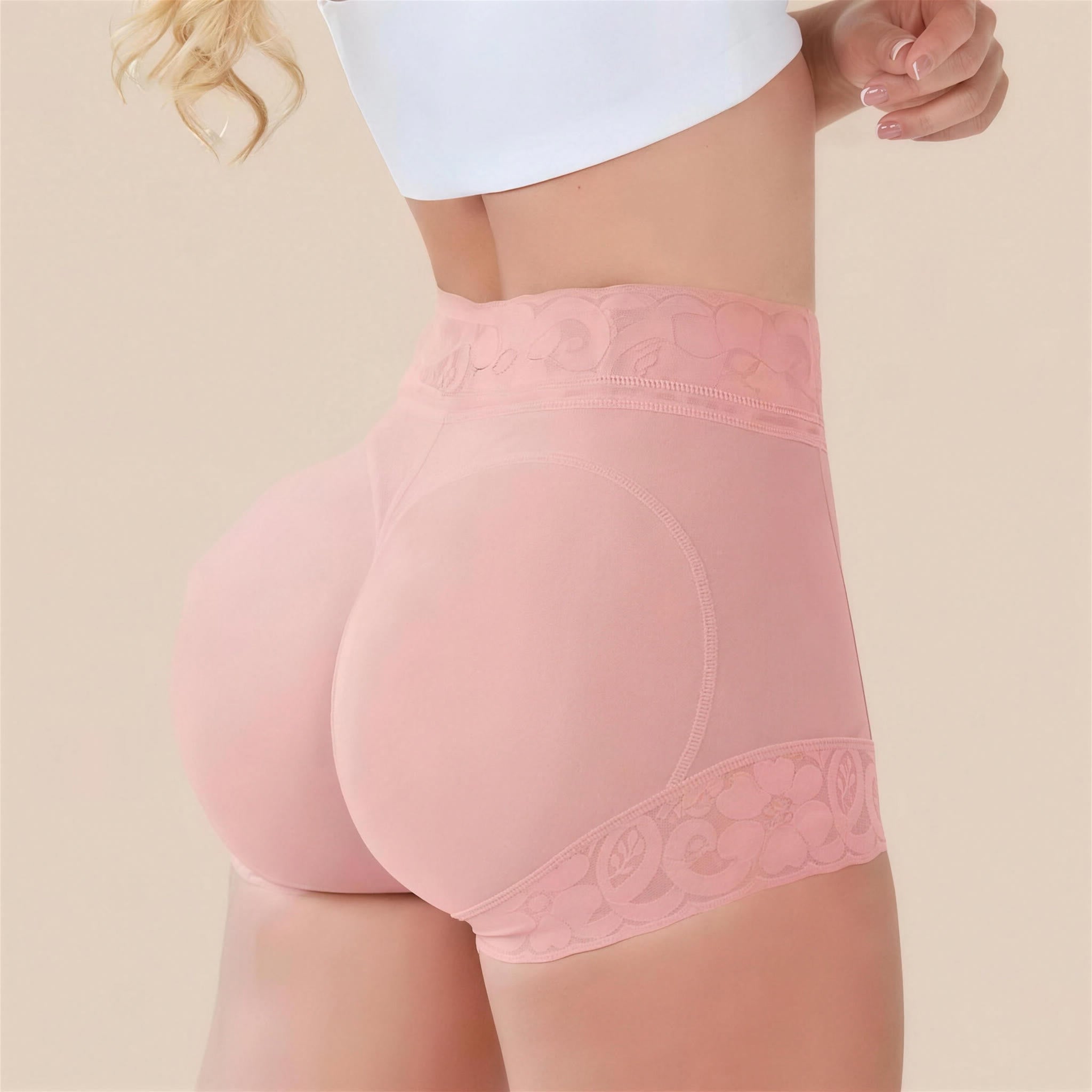 Calcinha modeladora cós alto rosa vista lateral