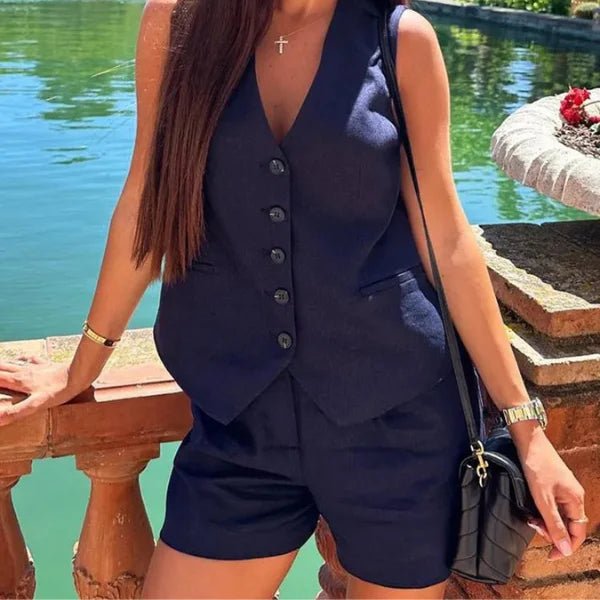 Conjunto Feminino em Alfaiataria - Colete e Shorts no Linho (Promoção Compre 1 Leve 2) - Modazzy