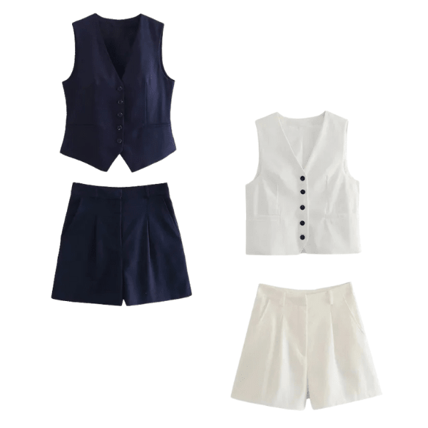 Conjunto Feminino em Alfaiataria - Colete e Shorts no Linho (Promoção Compre 1 Leve 2) - Modazzy