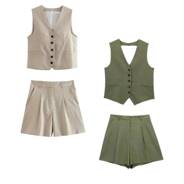 Conjunto Feminino em Alfaiataria - Colete e Shorts no Linho (Promoção Compre 1 Leve 2) - Modazzy