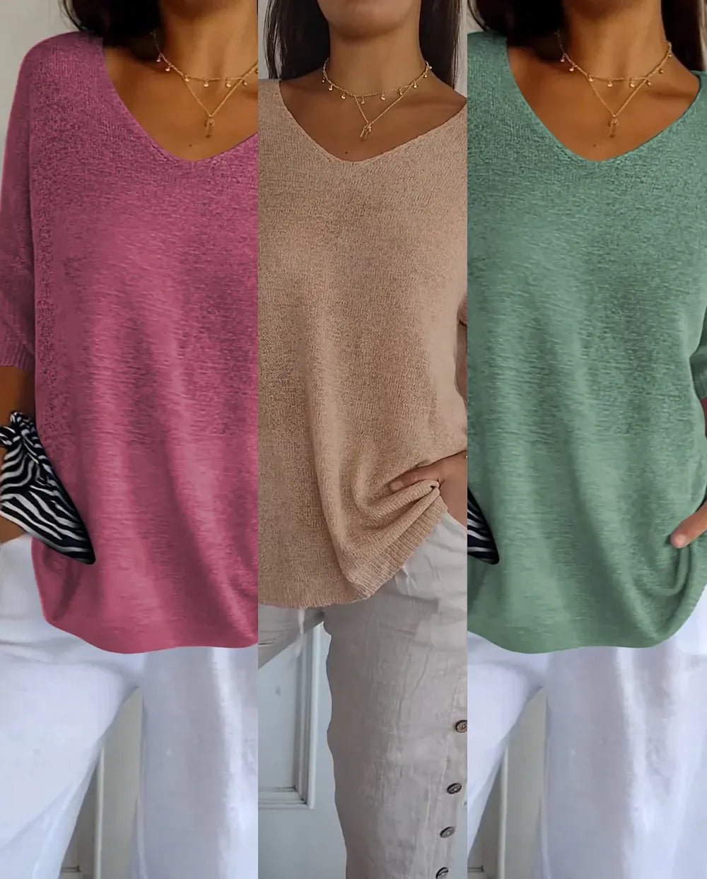 Kit 3 Blusas Luna® em Malha Leve – Decote V - Modazzy