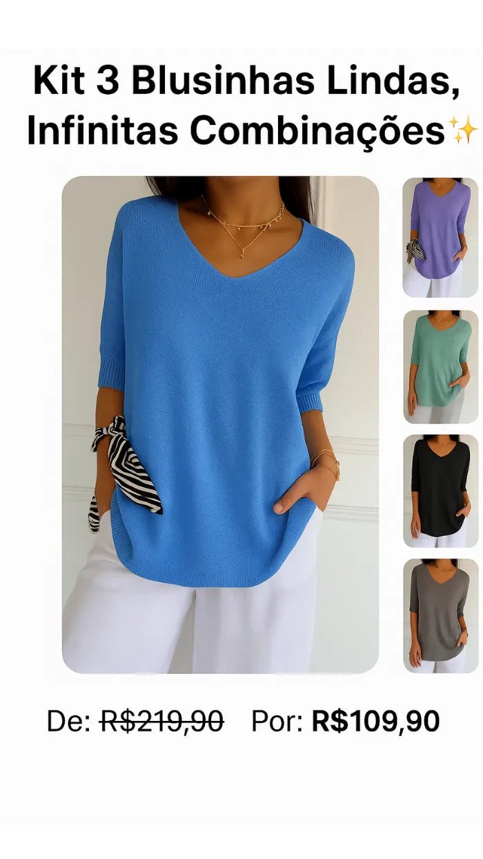 Kit 3 Blusas Luna® em Malha Leve – Decote V - Modazzy