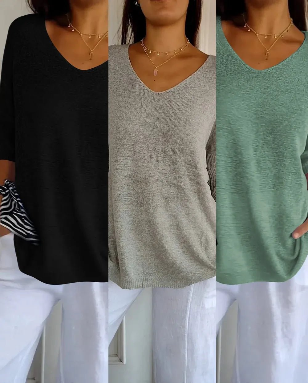 Kit 3 Blusas Luna® em Malha Leve – Decote V - Modazzy