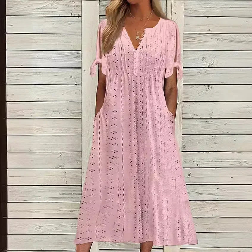 Vestido de Renda Jana - Gola em V de Manga Curta (Verão 2026) - Modazzy