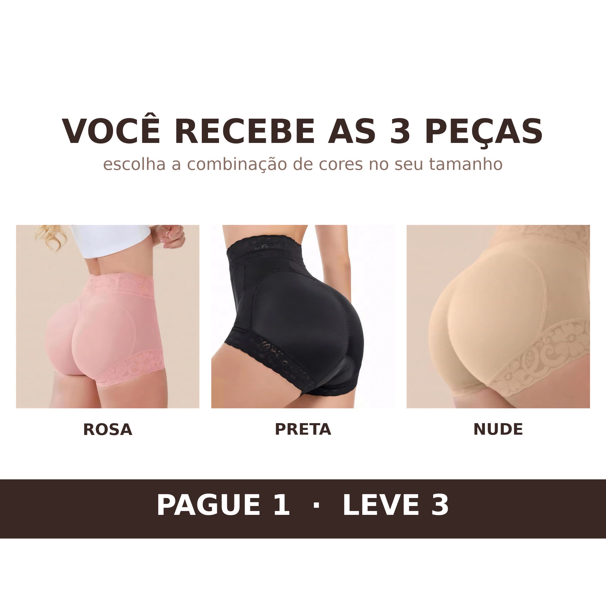 Kit com 3 calcinhas modeladoras BelaShaper nas cores rosa, preta e nude