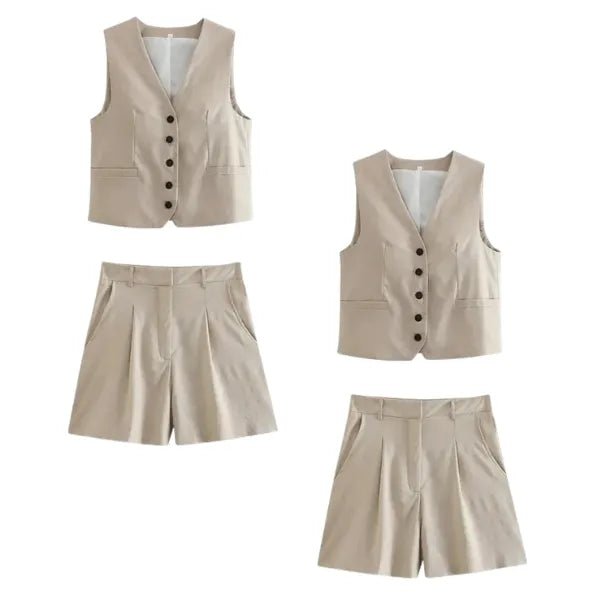Conjunto Feminino em Alfaiataria - Colete e Shorts no Linho (Promoção Compre 1 Leve 2) - Modazzy