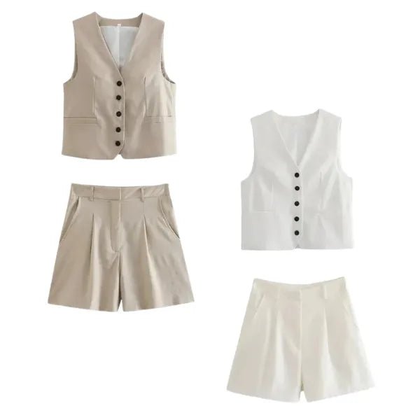 Conjunto Feminino em Alfaiataria - Colete e Shorts no Linho (Promoção Compre 1 Leve 2) - Modazzy