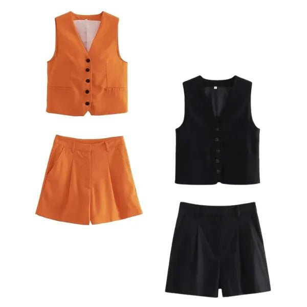 Conjunto Feminino em Alfaiataria - Colete e Shorts no Linho (Promoção Compre 1 Leve 2) - Modazzy