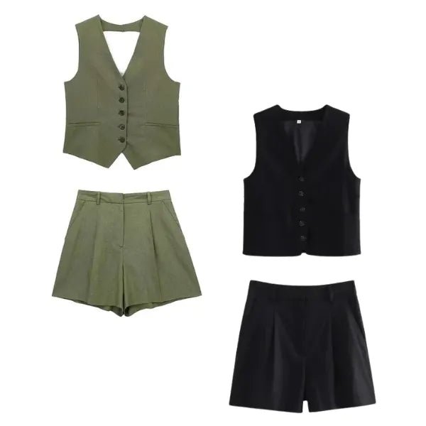 Conjunto Feminino em Alfaiataria - Colete e Shorts no Linho (Promoção Compre 1 Leve 2) - Modazzy