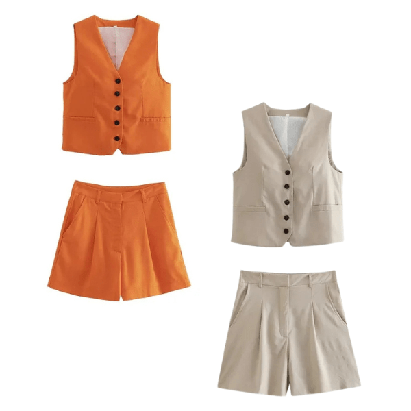 Conjunto Feminino em Alfaiataria - Colete e Shorts no Linho (Promoção Compre 1 Leve 2) - Modazzy