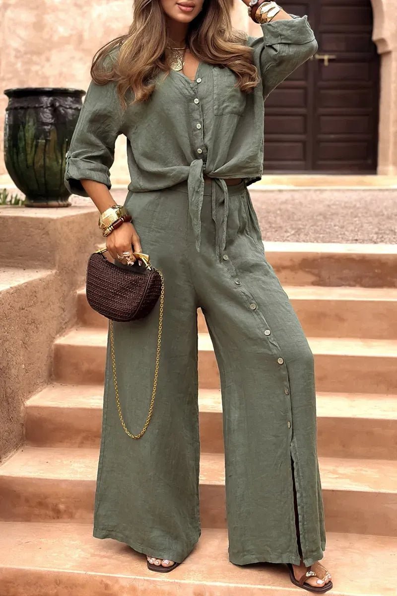 Conjunto Luna em Linho Natural - Modelagem Pantalona e Tecido Respirável - Modazzy