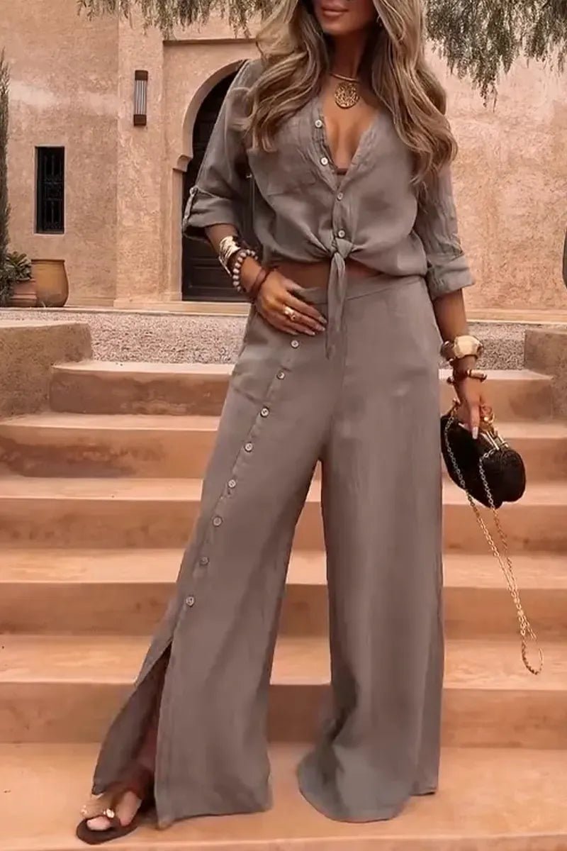 Conjunto Luna em Linho Natural - Modelagem Pantalona e Tecido Respirável - Modazzy