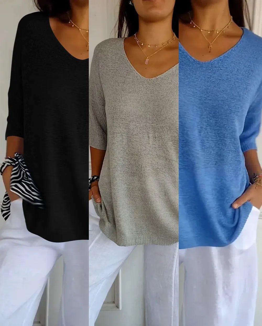 Kit 3 Blusas Luna® em Malha Leve – Decote V - Modazzy