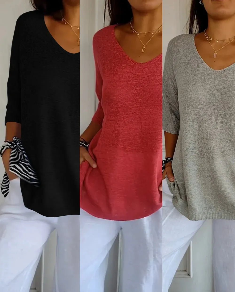Kit 3 Blusas Luna® em Malha Leve – Decote V - Modazzy