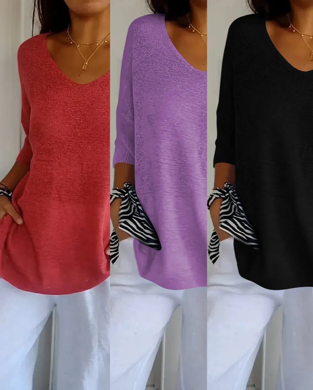 Kit 3 Blusas Luna® em Malha Leve – Decote V - Modazzy