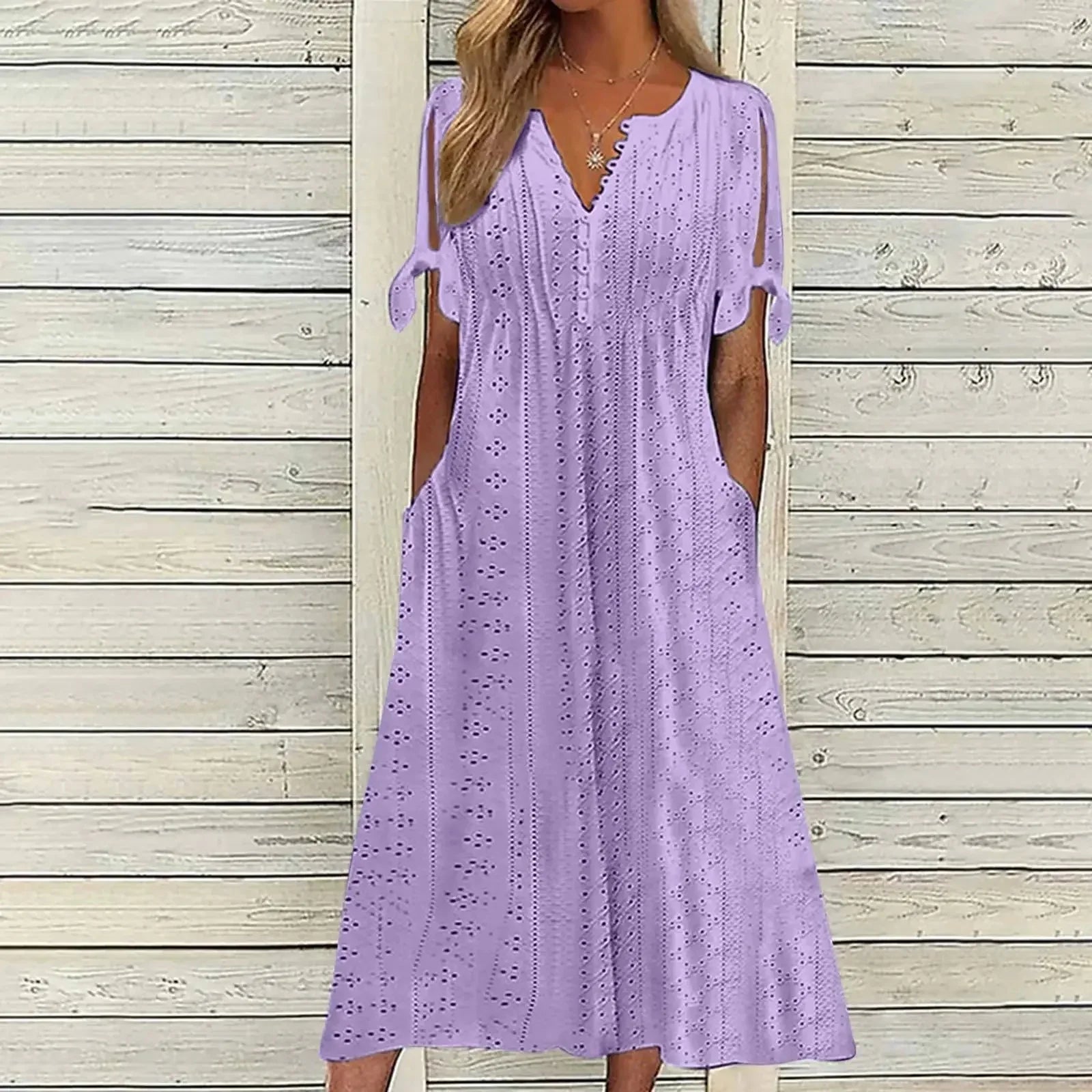 Vestido de Renda Jana - Gola em V de Manga Curta (Verão 2026) - Modazzy