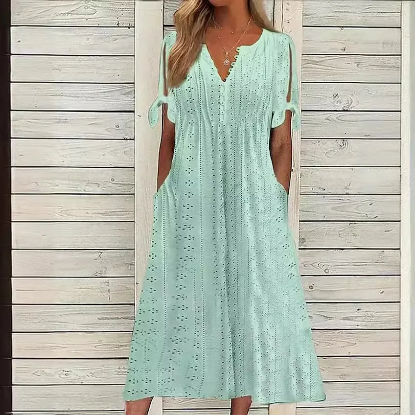 Vestido de Renda Jana - Gola em V de Manga Curta (Verão 2026) - Modazzy