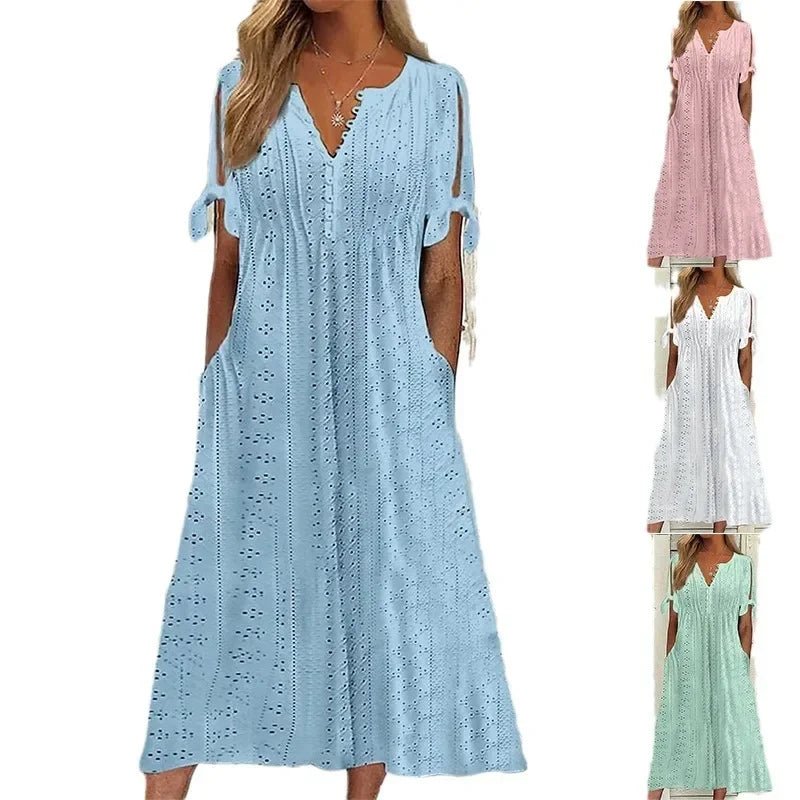 Vestido de Renda Jana - Gola em V de Manga Curta (Verão 2026) - Modazzy