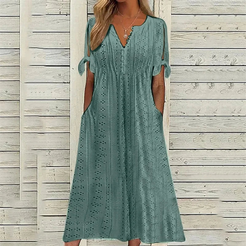 Vestido de Renda Jana - Gola em V de Manga Curta (Verão 2026) - Modazzy
