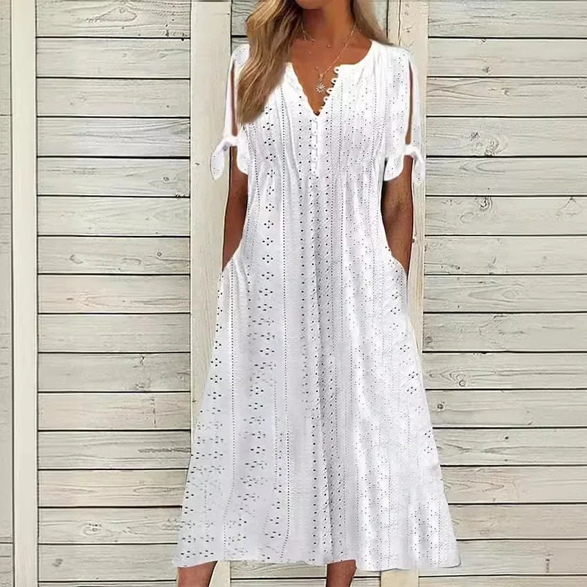 Vestido de Renda Jana - Gola em V de Manga Curta (Verão 2026) - Modazzy