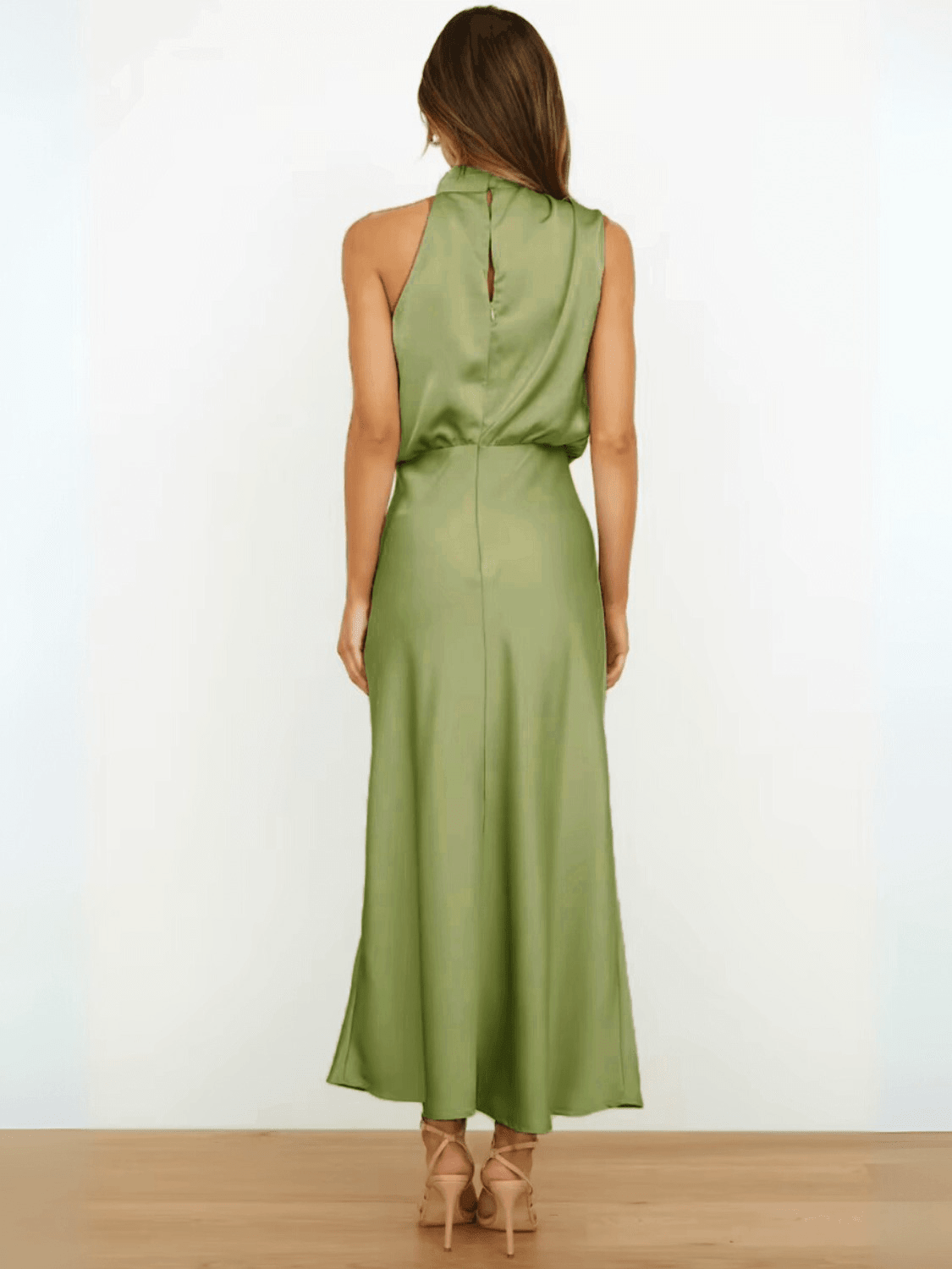 Vestido Midi Acetinado Acinturado com Gola Alta Drapeada Elegante – Rayca - Modazzy