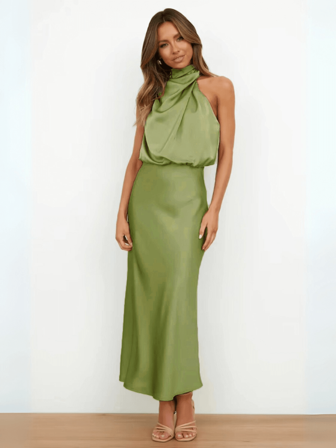 Vestido Midi Acetinado Acinturado com Gola Alta Drapeada Elegante – Rayca - Modazzy