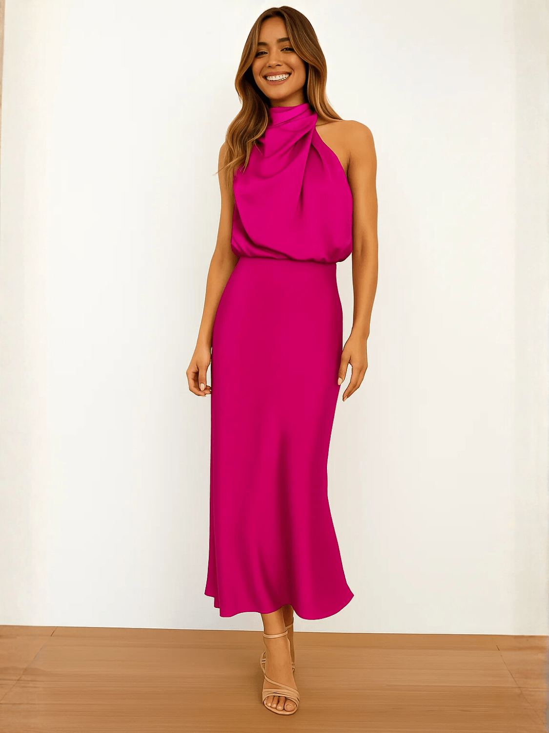 Vestido Midi Acetinado Acinturado com Gola Alta Drapeada Elegante – Rayca - Modazzy