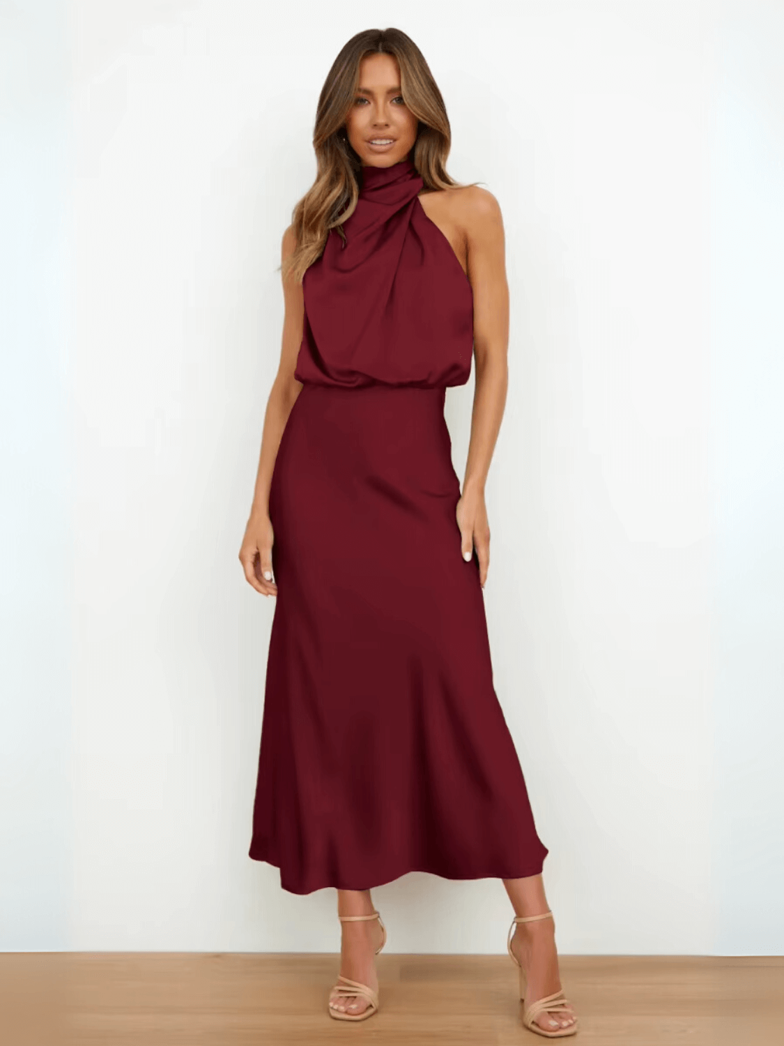 Vestido Midi Acetinado Acinturado com Gola Alta Drapeada Elegante – Rayca - Modazzy