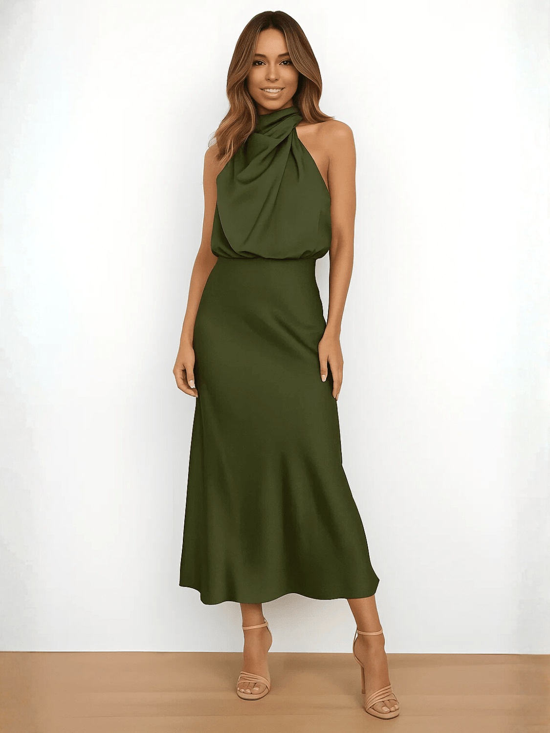 Vestido Midi Acetinado Acinturado com Gola Alta Drapeada Elegante – Rayca - Modazzy